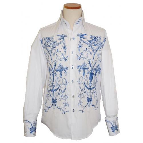 Manzini White with Blue/White Embroidered Long Sleeves 100% Cotton Shirt MZ-66